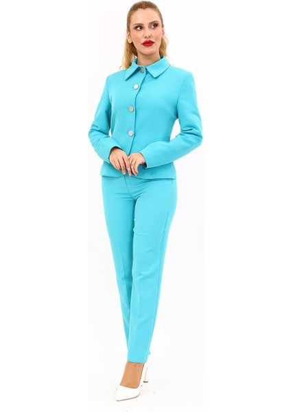 Peplum Ceket & Boru Paça Pantolon Takım-Turkuaz