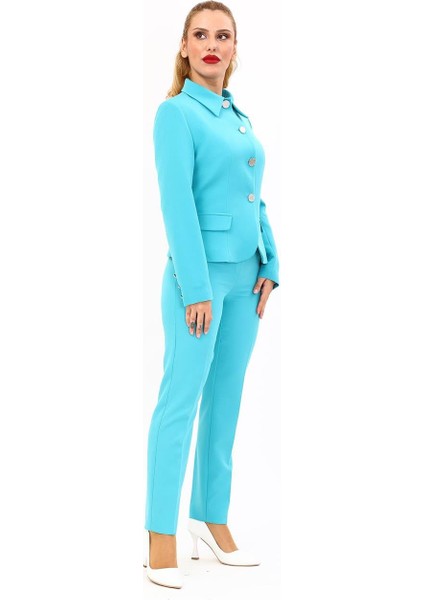 Peplum Ceket & Boru Paça Pantolon Takım-Turkuaz modelleri
