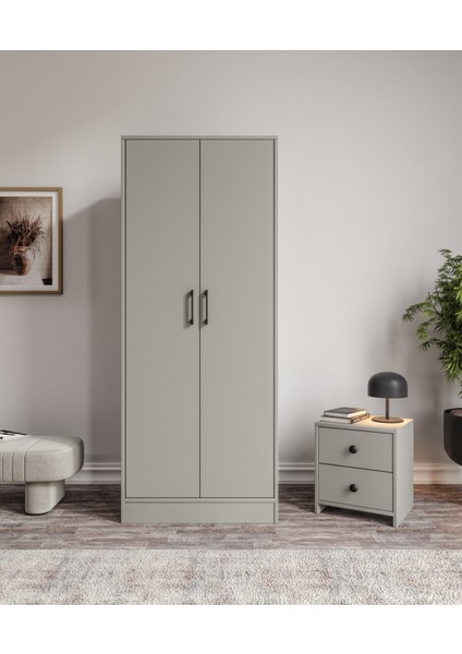 %100 Mdf 2 Kapaklı 7 Raflı ve 1 Askı Borulu Elbise Dolabı – Gardırop 182X70X52 cm Gri-Soft Beyaz Cabinse