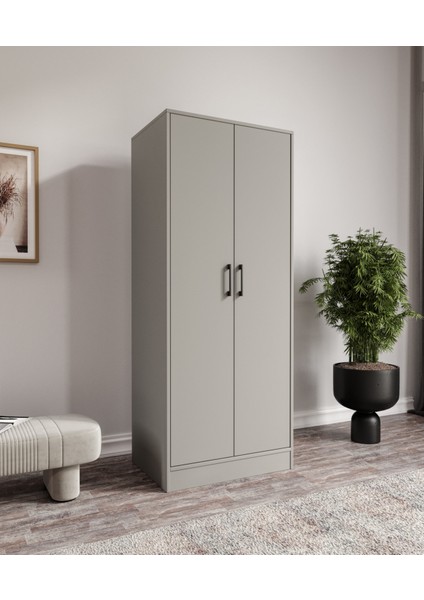 %100 Mdf 2 Kapaklı 7 Raflı ve 1 Askı Borulu Elbise Dolabı – Gardırop 182X70X52 cm Gri-Soft Beyaz Cabinse fırsatları