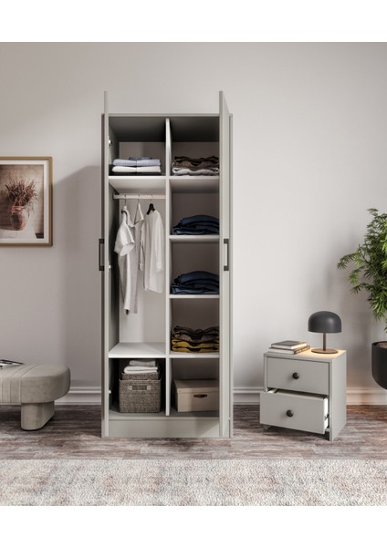 %100 Mdf 2 Kapaklı 7 Raflı ve 1 Askı Borulu Elbise Dolabı – Gardırop 182X70X52 cm Gri-Soft Beyaz Cabinse indirimleri