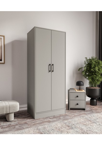 %100 Mdf 2 Kapaklı 7 Raflı ve 1 Askı Borulu Elbise Dolabı – Gardırop 182X70X52 cm Gri-Soft Beyaz Cabinse