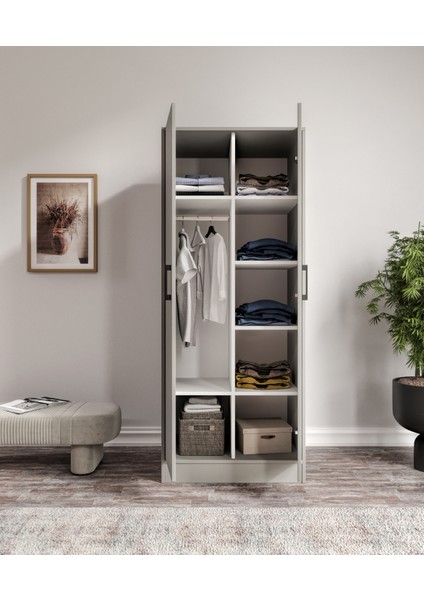 %100 Mdf 2 Kapaklı 7 Raflı ve 1 Askı Borulu Elbise Dolabı – Gardırop 182X70X52 cm Gri-Soft Beyaz Cabinse