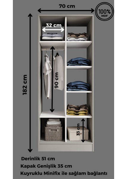 %100 Mdf 2 Kapaklı 7 Raflı ve 1 Askı Borulu Elbise Dolabı – Gardırop 182X70X52 cm Gri-Soft Beyaz Cabinse
