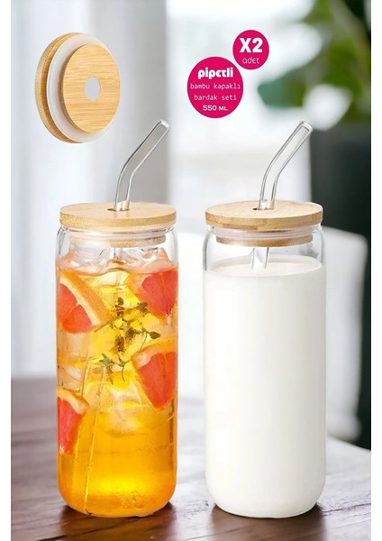2li Bambu Kapaklı Pipetli Isıya Dayanıklı Cam Bardak 550 ml Kola Kutu Şekilli Kahve Sunum Bardağı