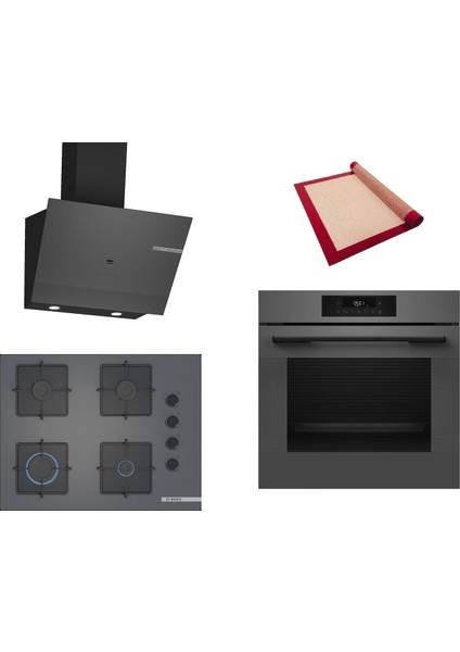 Gri 3 Lü Ankastre Set 477 ( HJG852YN0T - POP7C9P30O - DWK67PJ70T ) 67CM Ocak - 3D Fry Hava ile Kızartma - Pişirme Matı ile