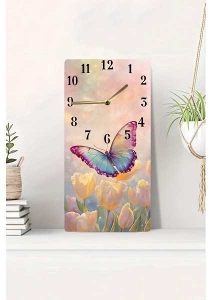 Renkli Kelebek ve Lale Desenli Uv Baskı Mdf Tablo Saat – 30X60 Cm– USD219