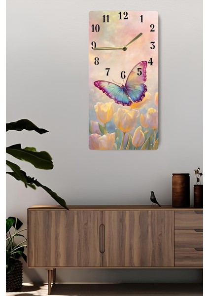 Renkli Kelebek ve Lale Desenli Uv Baskı Mdf Tablo Saat – 30X60 Cm– USD219 fiyatları