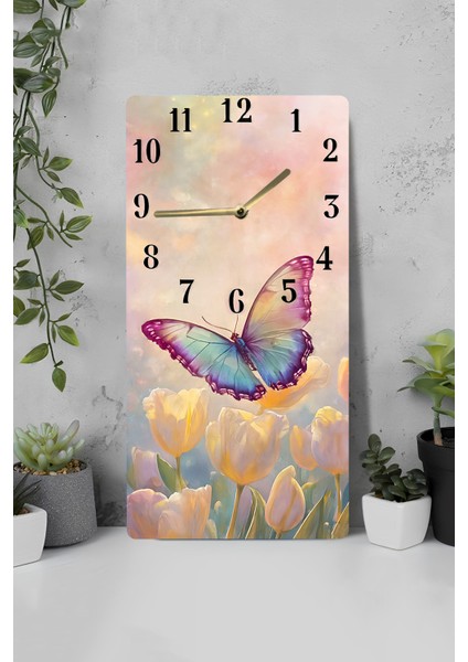 Renkli Kelebek ve Lale Desenli Uv Baskı Mdf Tablo Saat – 30X60 Cm– USD219