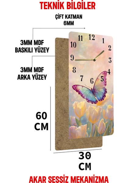 Renkli Kelebek ve Lale Desenli Uv Baskı Mdf Tablo Saat – 30X60 Cm– USD219