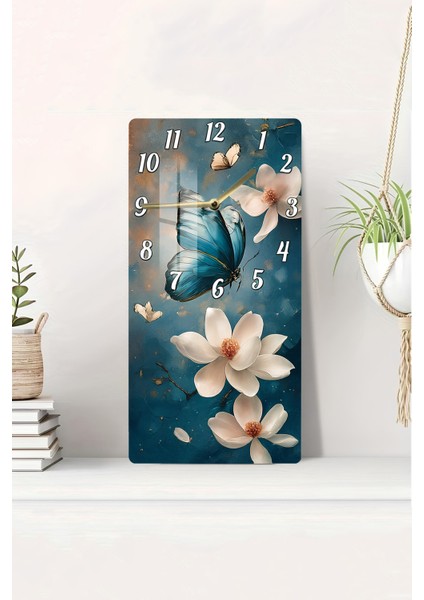 Mavi Kelebek ve Çiçek Temalı Temperli Cam Tablo Saat – 30×60 cm Hd Uv Baskı– CUSD206