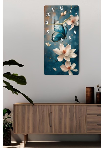Mavi Kelebek ve Çiçek Temalı Temperli Cam Tablo Saat – 30×60 cm Hd Uv Baskı– CUSD206 fiyatları