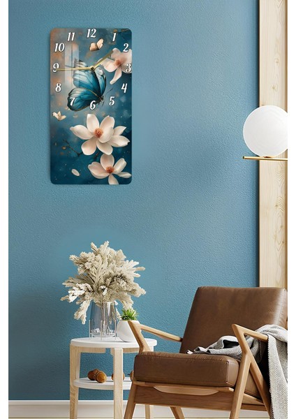 Mavi Kelebek ve Çiçek Temalı Temperli Cam Tablo Saat – 30×60 cm Hd Uv Baskı– CUSD206 fırsatları