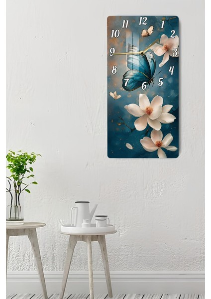 Mavi Kelebek ve Çiçek Temalı Temperli Cam Tablo Saat – 30×60 cm Hd Uv Baskı– CUSD206 indirimleri
