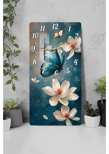 Mavi Kelebek ve Çiçek Temalı Temperli Cam Tablo Saat – 30×60 cm Hd Uv Baskı– CUSD206