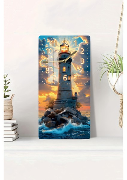 Temperli Cam Tablo Saat – Deniz Feneri ve Gün Batımı Manzaralı 30X60CM Uv Baskı – CUSD008