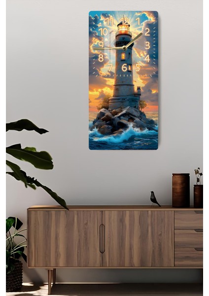 Temperli Cam Tablo Saat – Deniz Feneri ve Gün Batımı Manzaralı 30X60CM Uv Baskı – CUSD008 fiyatları