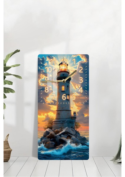 Temperli Cam Tablo Saat – Deniz Feneri ve Gün Batımı Manzaralı 30X60CM Uv Baskı – CUSD008 modelleri