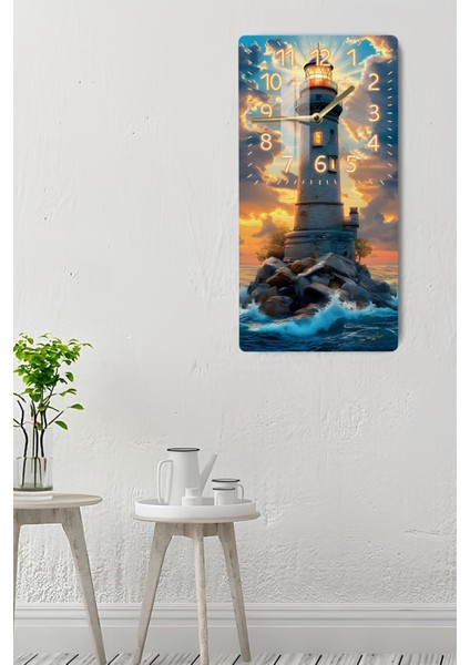 Temperli Cam Tablo Saat – Deniz Feneri ve Gün Batımı Manzaralı 30X60CM Uv Baskı – CUSD008 indirimleri