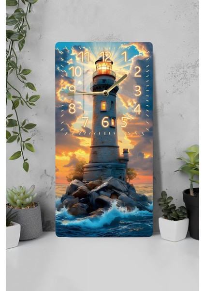 Temperli Cam Tablo Saat – Deniz Feneri ve Gün Batımı Manzaralı 30X60CM Uv Baskı – CUSD008