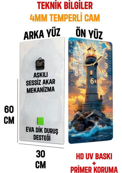 Temperli Cam Tablo Saat – Deniz Feneri ve Gün Batımı Manzaralı 30X60CM Uv Baskı – CUSD008