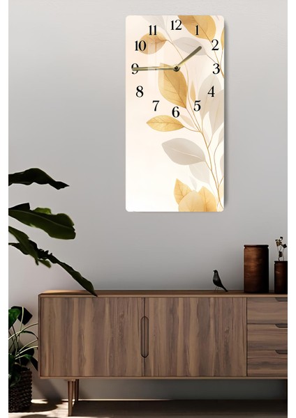 Altın Yaprak Desenli Temperli Cam Tablo Saat – 30×60 Cm– Uv Baskı– CUSD136 fiyatları