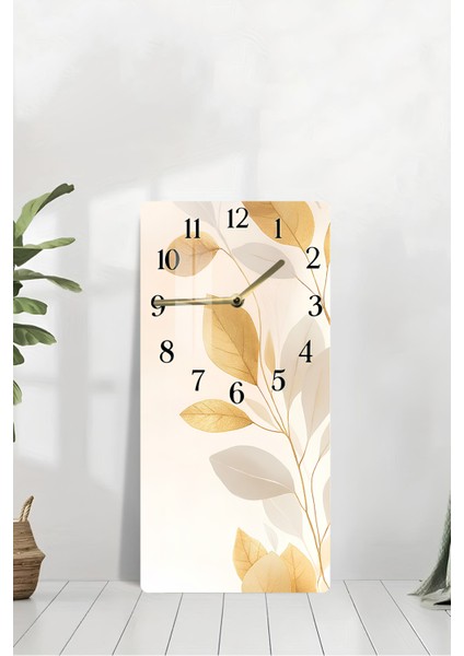 Altın Yaprak Desenli Temperli Cam Tablo Saat – 30×60 Cm– Uv Baskı– CUSD136 modelleri