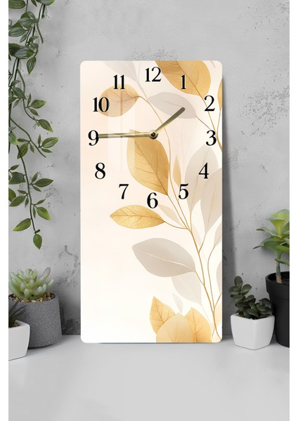 Altın Yaprak Desenli Temperli Cam Tablo Saat – 30×60 Cm– Uv Baskı– CUSD136