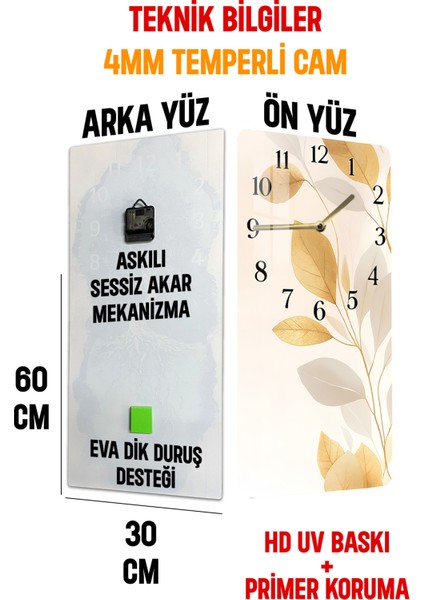 Altın Yaprak Desenli Temperli Cam Tablo Saat – 30×60 Cm– Uv Baskı– CUSD136