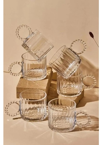 6 Lı Boncuk Kulplu Cam Kupa Boncuklu Cam Espresso Çay Kahve Meşrubat Bardağı