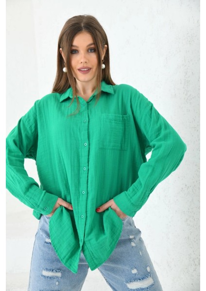 Kadın Gömlek Müslin Kumaş Cepli Uzun Kollu Kadın Gömlek Yeşil - 23010