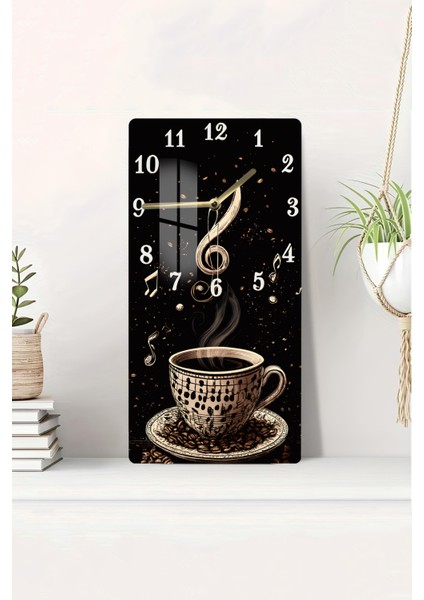 Temperli Cam Tablo Saat – Kahve ve Müzik Temalı 30X60 cm Uv Baskı – CUSD041