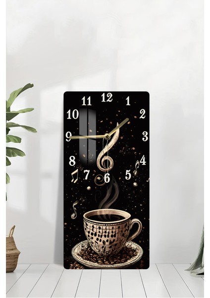 Temperli Cam Tablo Saat – Kahve ve Müzik Temalı 30X60 cm Uv Baskı – CUSD041 modelleri