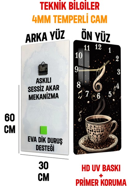Temperli Cam Tablo Saat – Kahve ve Müzik Temalı 30X60 cm Uv Baskı – CUSD041