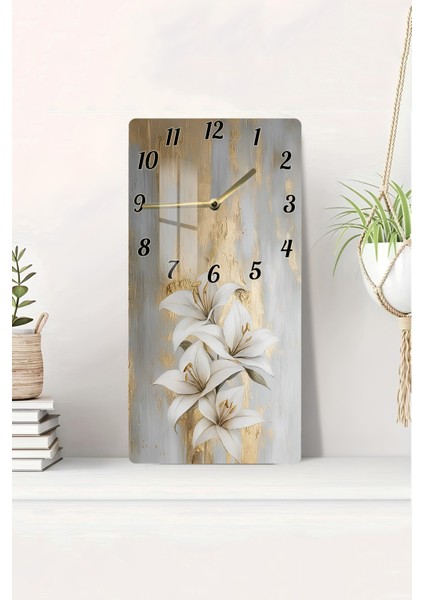 Altın Dokulu Beyaz Zambak Desenli Temperli Cam Tablo Saat 30X60 cm | Hd Uv Baskı– CUSD198