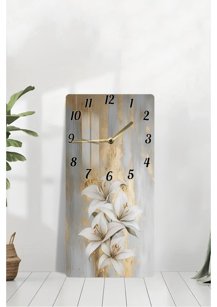 Altın Dokulu Beyaz Zambak Desenli Temperli Cam Tablo Saat 30X60 cm | Hd Uv Baskı– CUSD198 modelleri