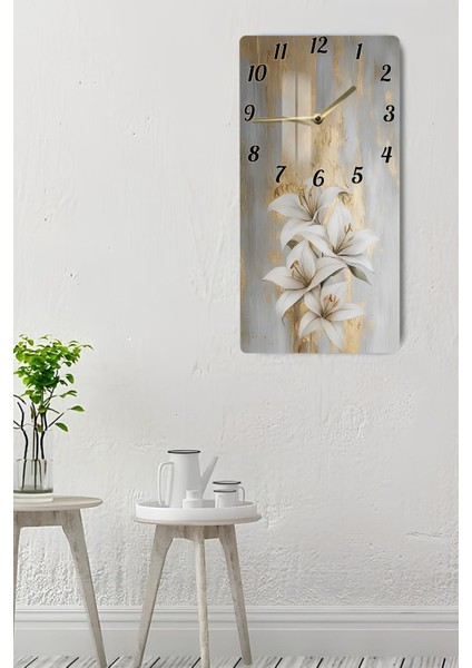 Altın Dokulu Beyaz Zambak Desenli Temperli Cam Tablo Saat 30X60 cm | Hd Uv Baskı– CUSD198 indirimleri