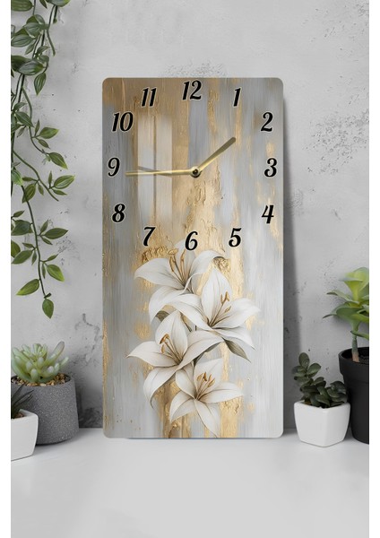 Altın Dokulu Beyaz Zambak Desenli Temperli Cam Tablo Saat 30X60 cm | Hd Uv Baskı– CUSD198