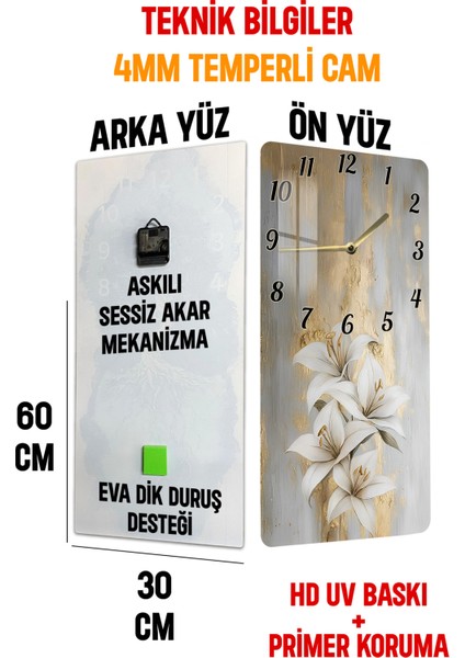 Altın Dokulu Beyaz Zambak Desenli Temperli Cam Tablo Saat 30X60 cm | Hd Uv Baskı– CUSD198