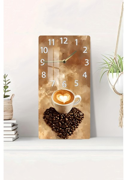 Kalpli Latte Kahve Temalı Temperli Cam Tablo Saat – 30×60 Cm– Uv Baskı– CUSD139