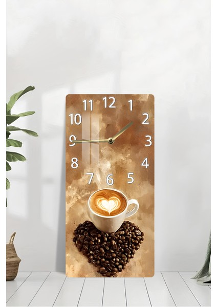 Kalpli Latte Kahve Temalı Temperli Cam Tablo Saat – 30×60 Cm– Uv Baskı– CUSD139 modelleri