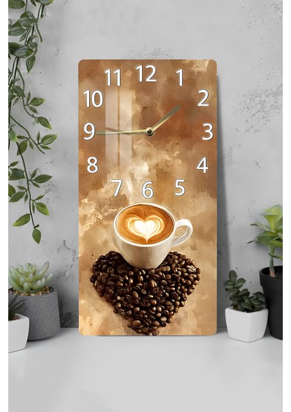 Kalpli Latte Kahve Temalı Temperli Cam Tablo Saat – 30×60 Cm– Uv Baskı– CUSD139