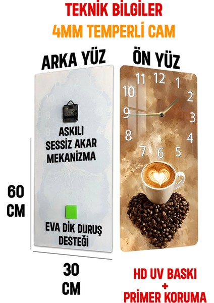 Kalpli Latte Kahve Temalı Temperli Cam Tablo Saat – 30×60 Cm– Uv Baskı– CUSD139