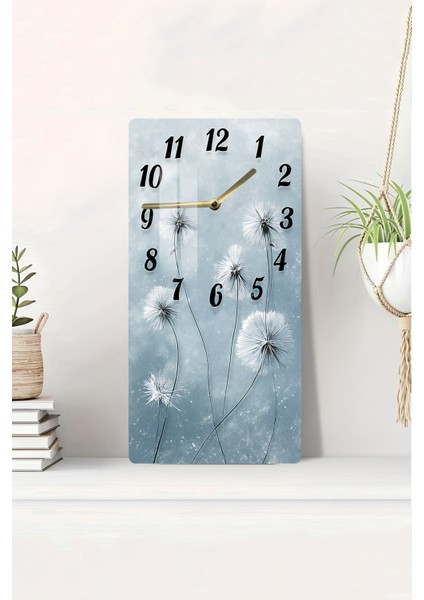 Temperli Cam Tablo Saat–mavi Tonlarda Karahindiba Çiçek Desenli Tasarım (30X60 Cm)–uv Baskı– CUSD111