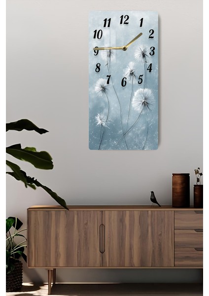 Temperli Cam Tablo Saat–mavi Tonlarda Karahindiba Çiçek Desenli Tasarım (30X60 Cm)–uv Baskı– CUSD111 fiyatları
