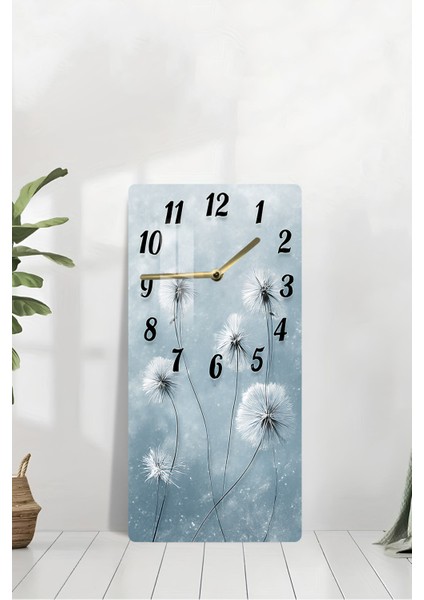 Temperli Cam Tablo Saat–mavi Tonlarda Karahindiba Çiçek Desenli Tasarım (30X60 Cm)–uv Baskı– CUSD111 modelleri