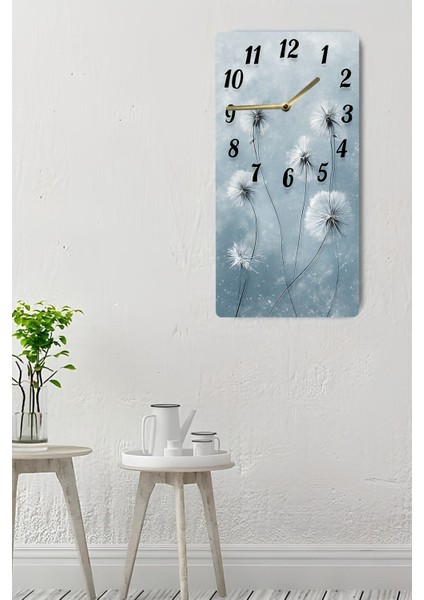 Temperli Cam Tablo Saat–mavi Tonlarda Karahindiba Çiçek Desenli Tasarım (30X60 Cm)–uv Baskı– CUSD111 indirimleri