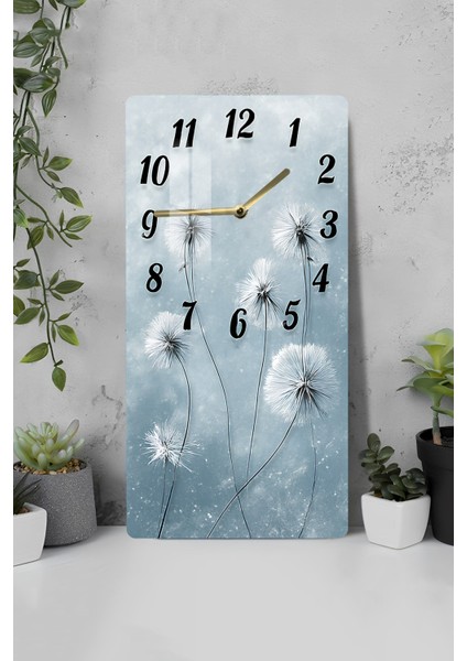 Temperli Cam Tablo Saat–mavi Tonlarda Karahindiba Çiçek Desenli Tasarım (30X60 Cm)–uv Baskı– CUSD111