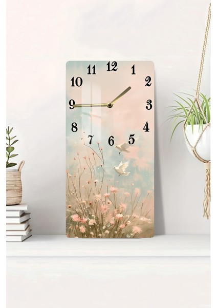 Pembe Çiçekler ve Uçan Kuşlar Temalı Temperli Cam Tablo Saat 30×60 cm Hd Uv Baskı– CUSD228