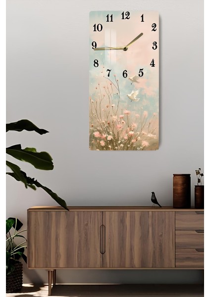 Pembe Çiçekler ve Uçan Kuşlar Temalı Temperli Cam Tablo Saat 30×60 cm Hd Uv Baskı– CUSD228 fiyatları